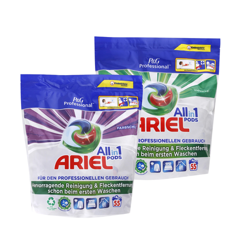 ACTION PACK Ariel 2x kapsle All in 1 na univerzální a barevné praní 55 ks